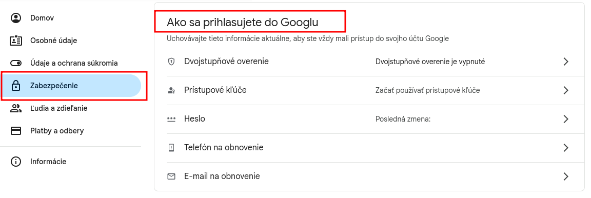 Google konto, časť Zabezpečenie