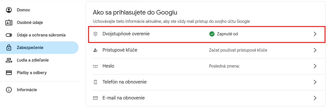 Google konto, zapnuté Dvojstupňové overenie