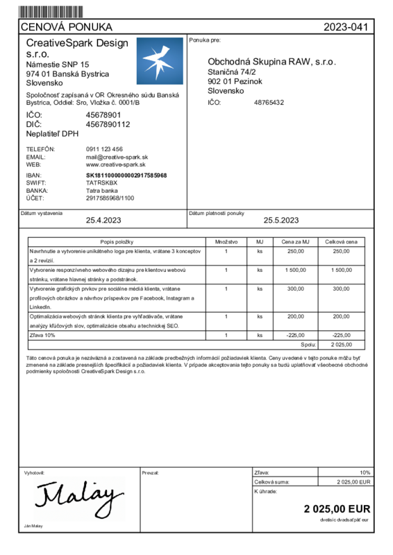 Vzor Cenov Ponuka bez DPH Z ava Fakt ry Online Vzor Cenov Ponuka bez DPH Z ava Fakt ry Online