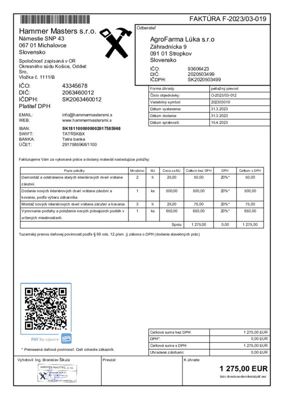 Sample Faktúra s prenesenou daňovou povinnosťou | Faktury Online English